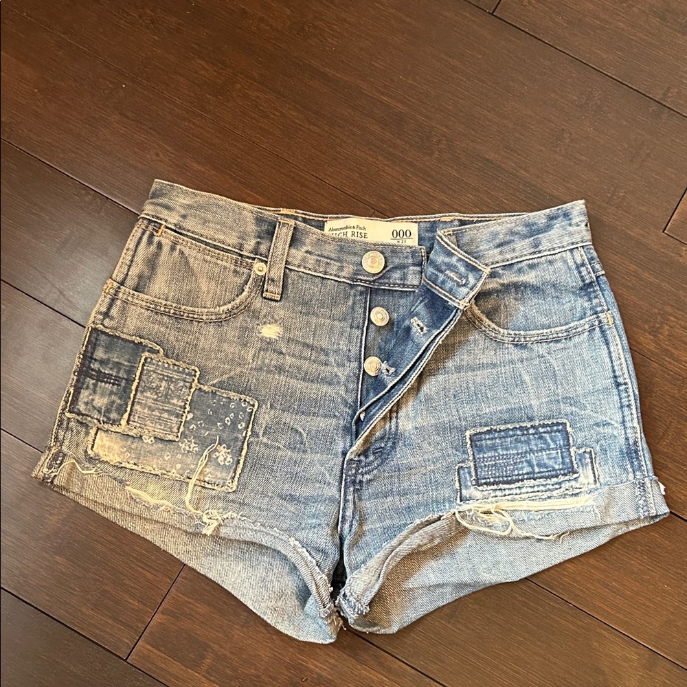 Abercrombie & Fitch Light Blue Distressed Patch Denim Shorts